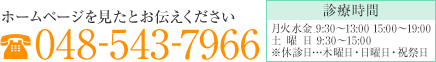 ホームページを見たお伝え下さい 電話番号 048-543-7966 診療時間 月火水金 9:30～13:00 15:00～19:00 土曜日 9:00～15:00 ※休診日・・・木曜日・日曜日・祝祭日
